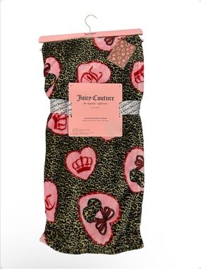 JUICY COUTURE CHEETAH LEOPARD PRINT HEARTS CHERRY CROWN PLUSH THROW BLANKET NWT